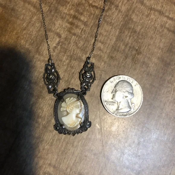 Antique Carved Shell Cameo Necklace, Sterling Silver with Marcasite Accents 💎🖤 - Picture 6 of 9